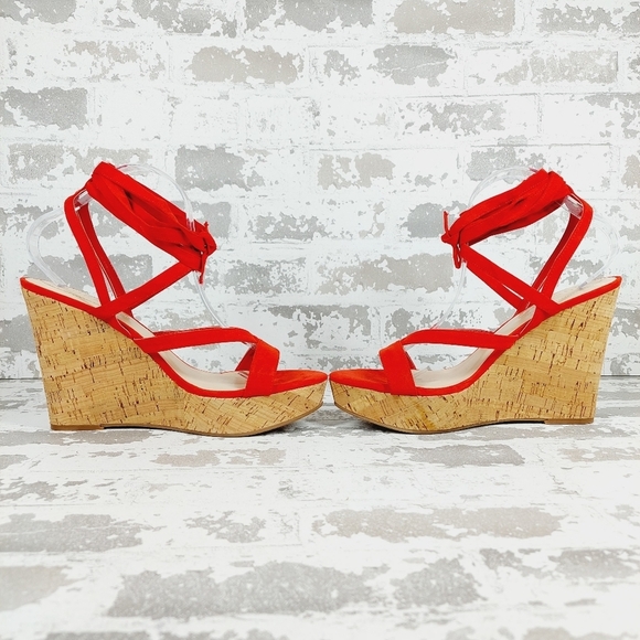 Guess Treacy Red Faux Suede Lace Up Ankle Strap Open Toe Wedge Sandals K807 - Picture 7 of 12